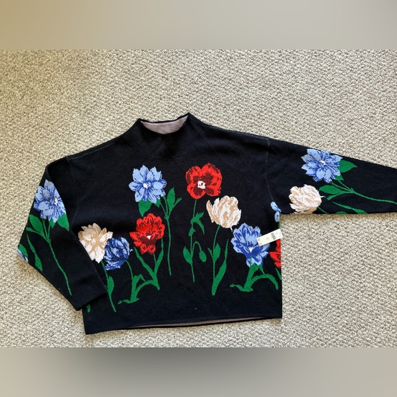 Anthropologie Maeve NWT Carys Mock Neck Sweater Black Flowers Graphics size XL - Picture 6 of 12